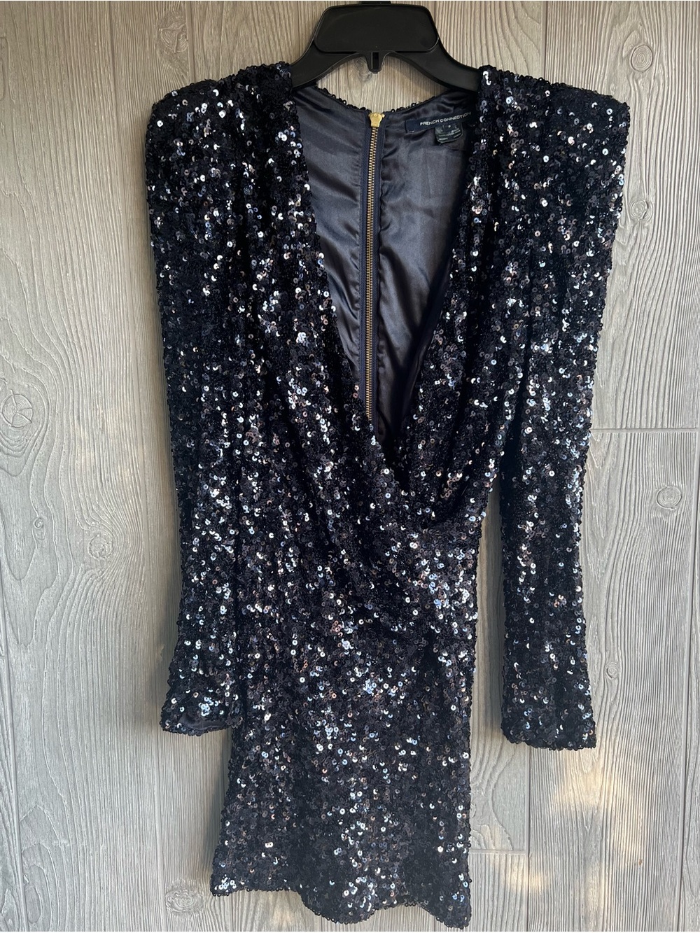 French Connection Deep Navy Black Sequin Long Sleeve Mini Samantha Dress Size 2